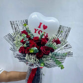 Modern Red Rose Bouquet with I Love You Heart Balloon