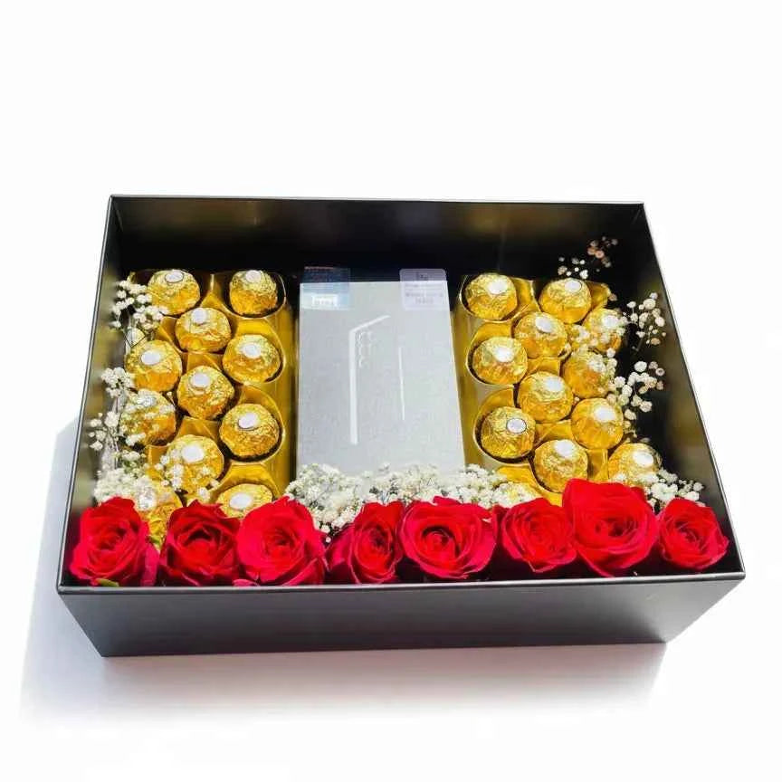 Elegant Red Rose and Ferrero Rocher Chocolate Gift Box Arrangement