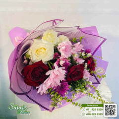 Luxurious Burgundy and Cream Rose Bouquet with Purple Wrapping