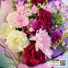 Luxurious Burgundy and Cream Rose Bouquet with Purple Wrapping