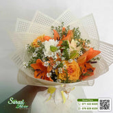 Warm Autumn Orange Rose and White Daisy Bouquet with Gold Accents
