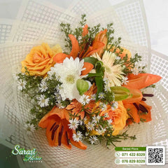 Warm Autumn Orange Rose and White Daisy Bouquet with Gold Accents