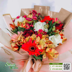 Vibrant Mixed Flower Bouquet with Red Roses and Orange Gerberas in Kraft Paper - Matara