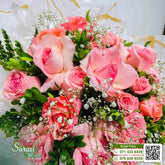 Romantic Soft Pink Rose Bouquet with Baby's Breath in White and Gold Wrapping - Matara