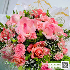 Romantic Soft Pink Rose Bouquet with Baby's Breath in White and Gold Wrapping - Matara