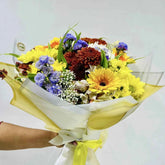 Cheerful Yellow and Blue Flower Mixed Bouquet