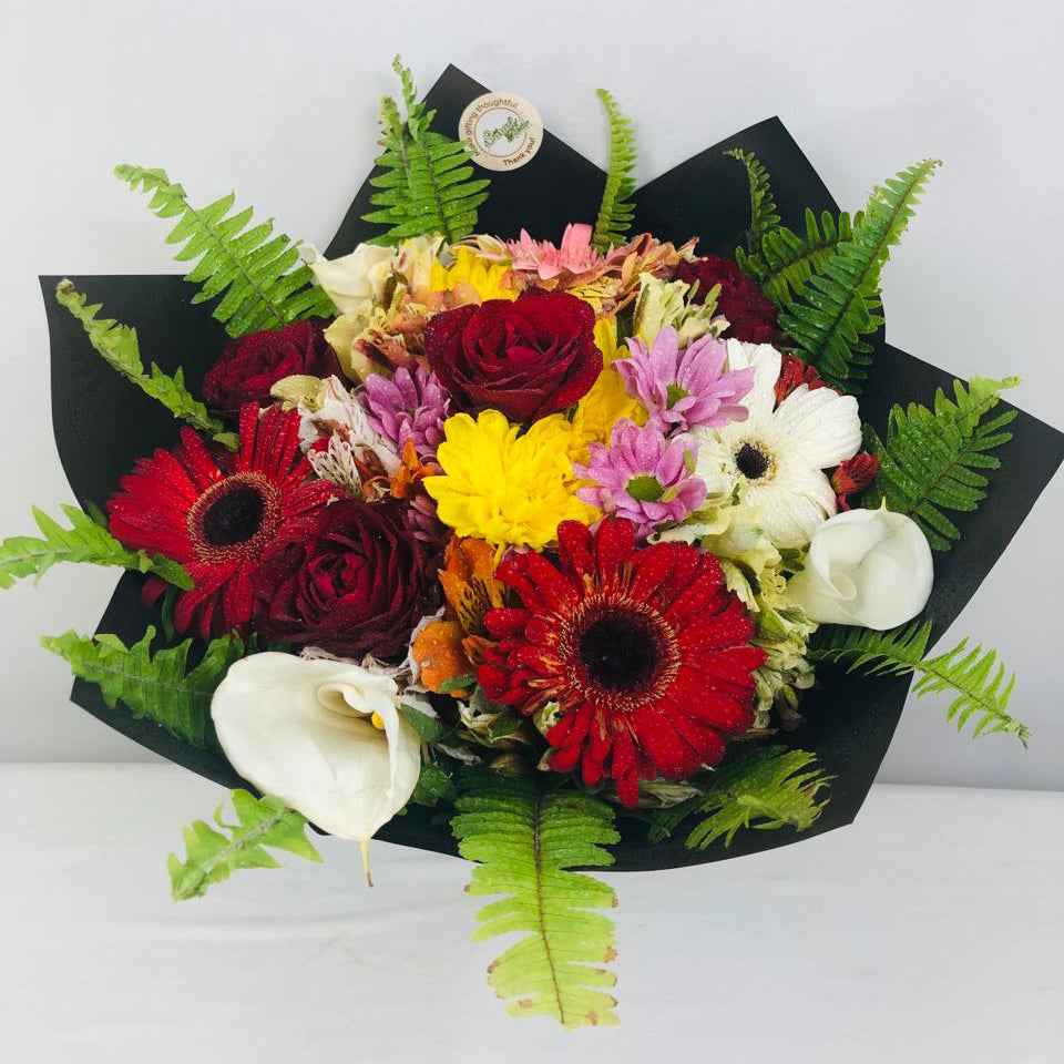 Vibrant Garden Mix Bouquet - Colorful Seasonal Flowers with Red Roses