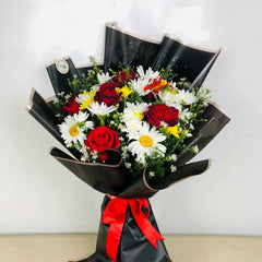 Classic Elegance Red & White Bouquet - Roses with Daisies