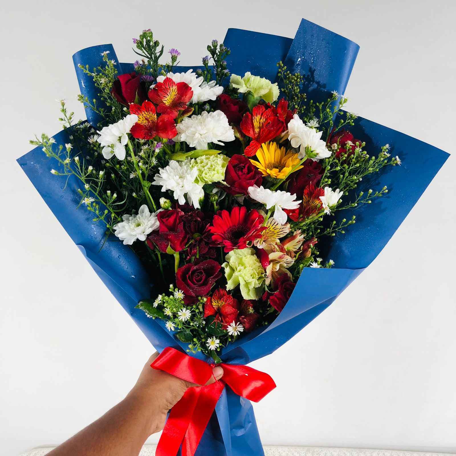 Patriotic Blue Celebration Bouquet - Red White Blue Mixed Flowers