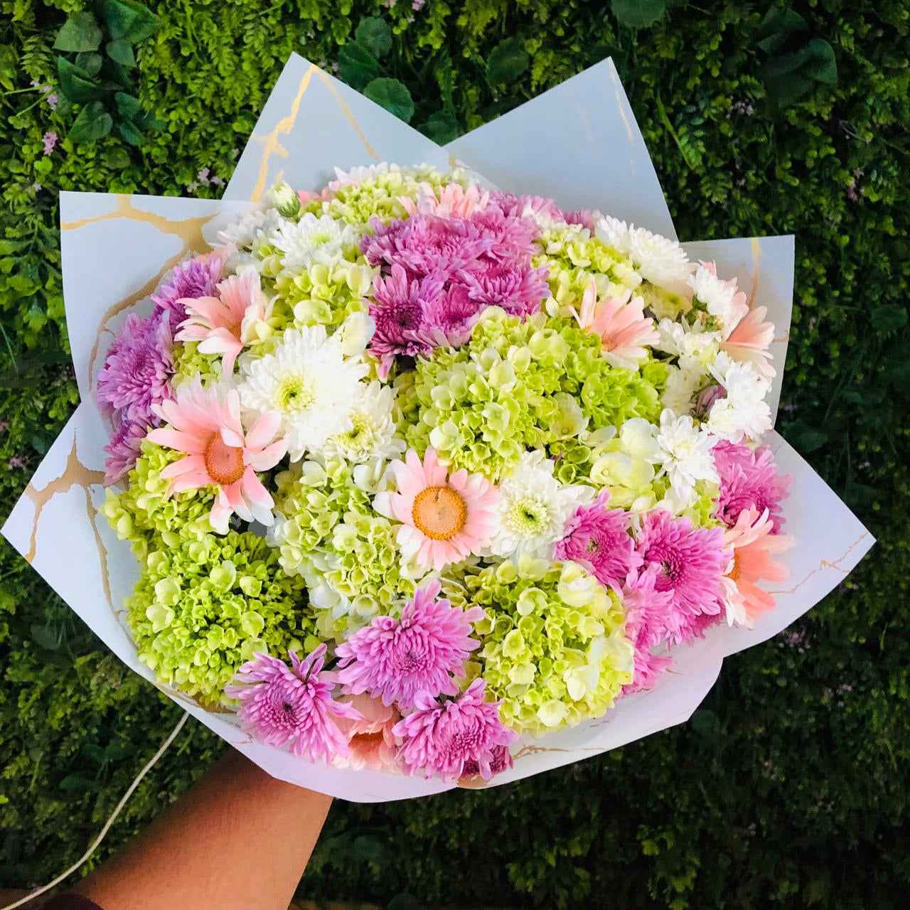 Garden Party Pink Bouquet - Vibrant Pink & Green Mixed Flowers