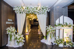 White Flowers Green Foliage & Hanging Lights Wedding Entrance - Elegant Grand Welcome Sri Lanka