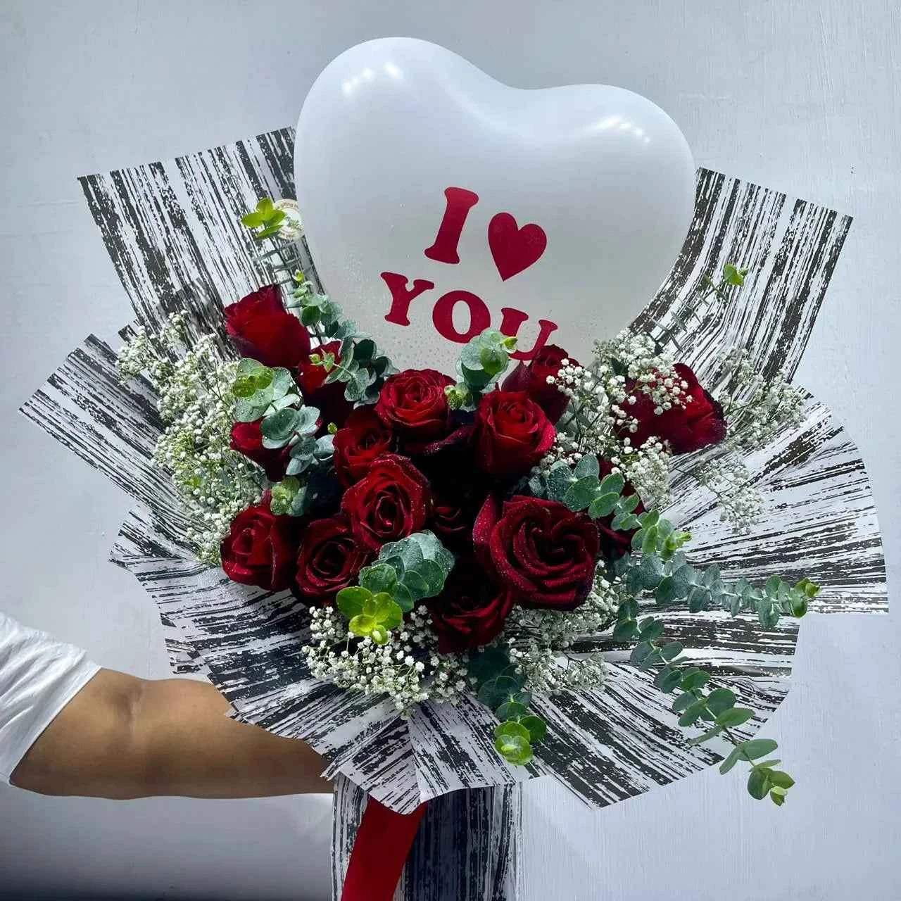 Modern Red Rose Bouquet with I Love You Heart Balloon