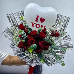 Modern Red Rose Bouquet with I Love You Heart Balloon