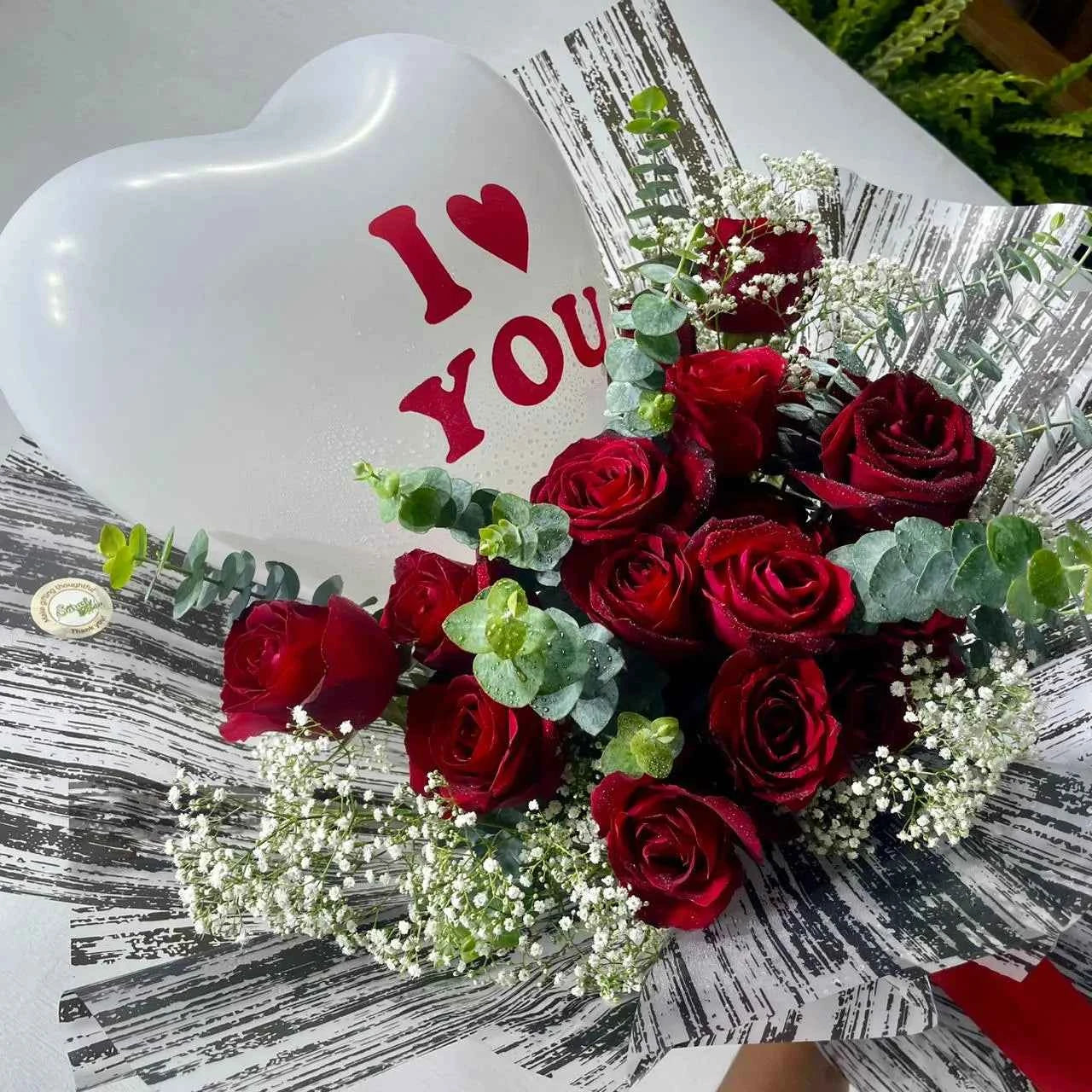 Modern Red Rose Bouquet with I Love You Heart Balloon
