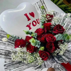 Modern Red Rose Bouquet with I Love You Heart Balloon