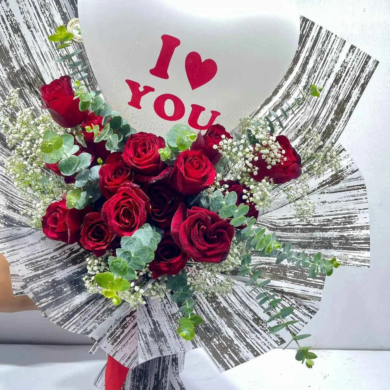 Modern Red Rose Bouquet with I Love You Heart Balloon