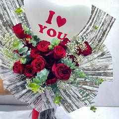 Modern Red Rose Bouquet with I Love You Heart Balloon