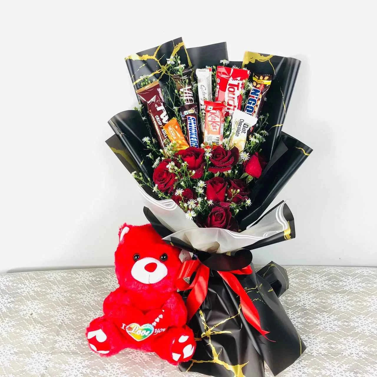 Deluxe Red Rose Chocolate and Teddy Bear Gift Bouquet