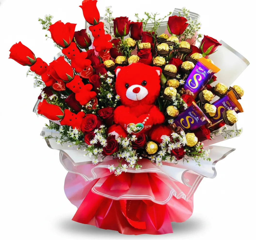 Luxury Red Rose Chocolate and Teddy Bear Gift Bouquet
