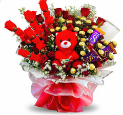Luxury Red Rose Chocolate and Teddy Bear Gift Bouquet