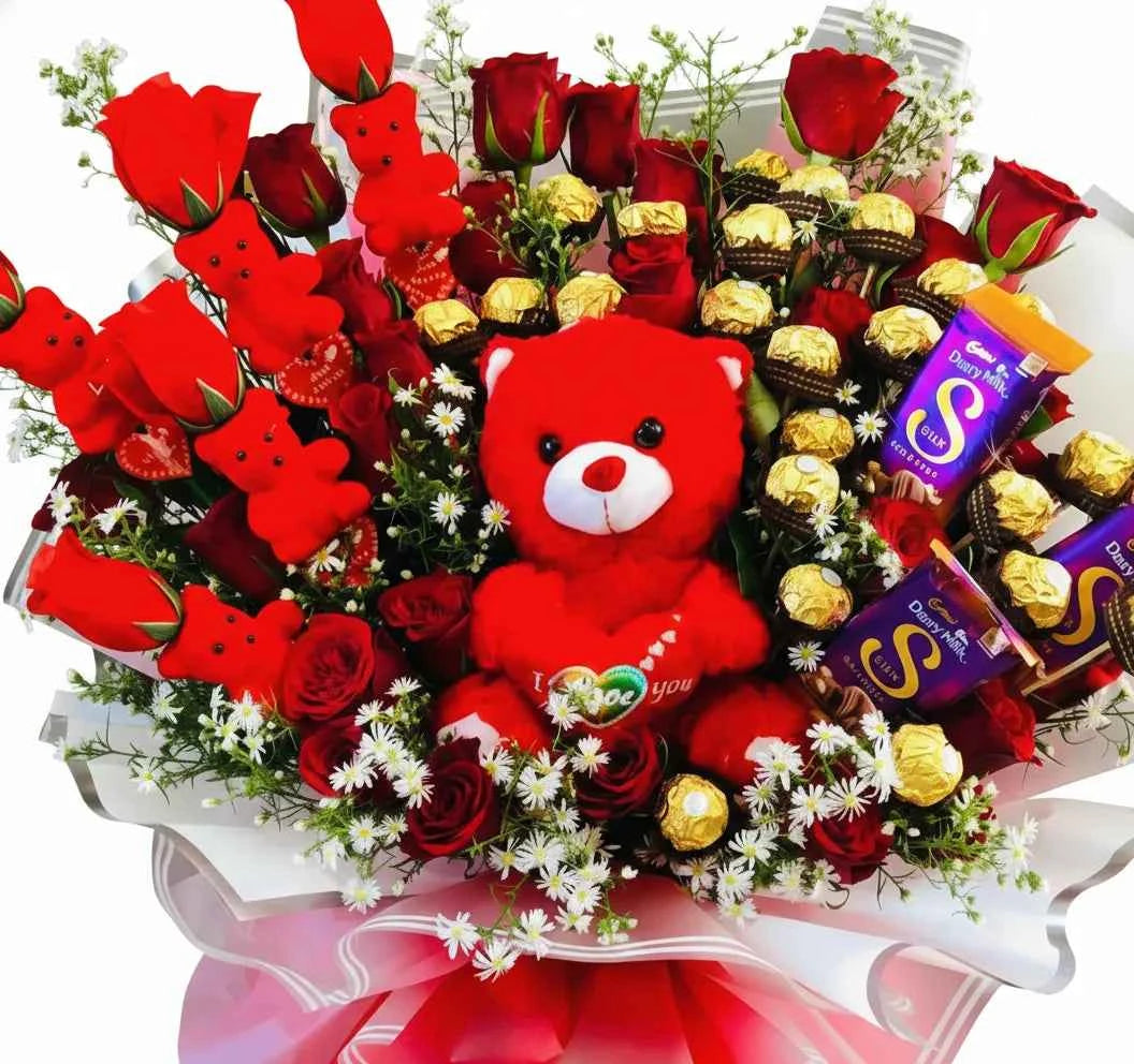 Luxury Red Rose Chocolate and Teddy Bear Gift Bouquet