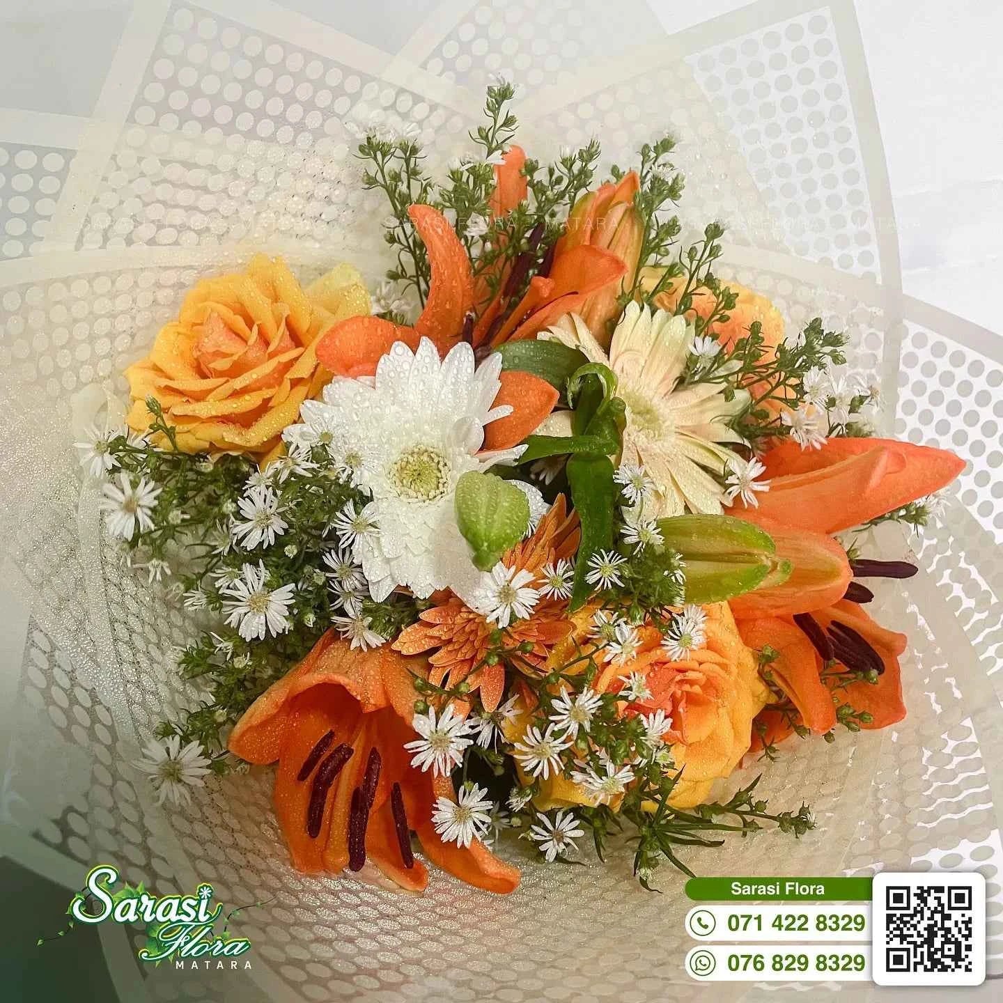 Warm Autumn Orange Rose and White Daisy Bouquet with Gold Accents
