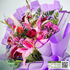 Stunning Pink Stargazer Lily Bouquet with Purple Tulle Wrapping