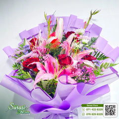 Stunning Pink Stargazer Lily Bouquet with Purple Tulle Wrapping