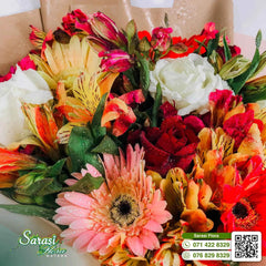 Vibrant Mixed Flower Bouquet with Red Roses and Orange Gerberas in Kraft Paper - Matara