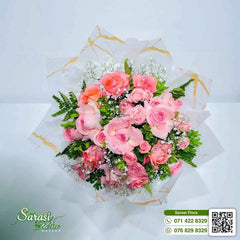 Romantic Soft Pink Rose Bouquet with Baby's Breath in White and Gold Wrapping - Matara