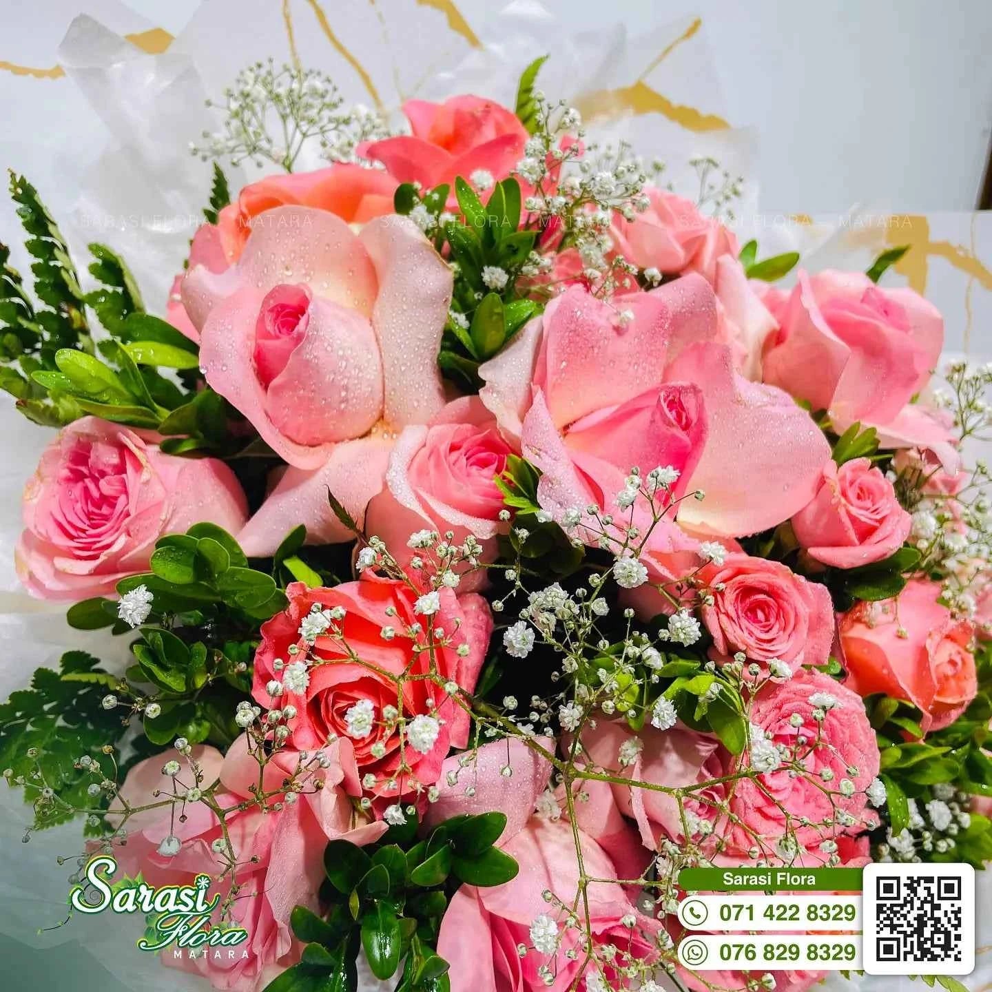 Romantic Soft Pink Rose Bouquet with Baby's Breath in White and Gold Wrapping - Matara