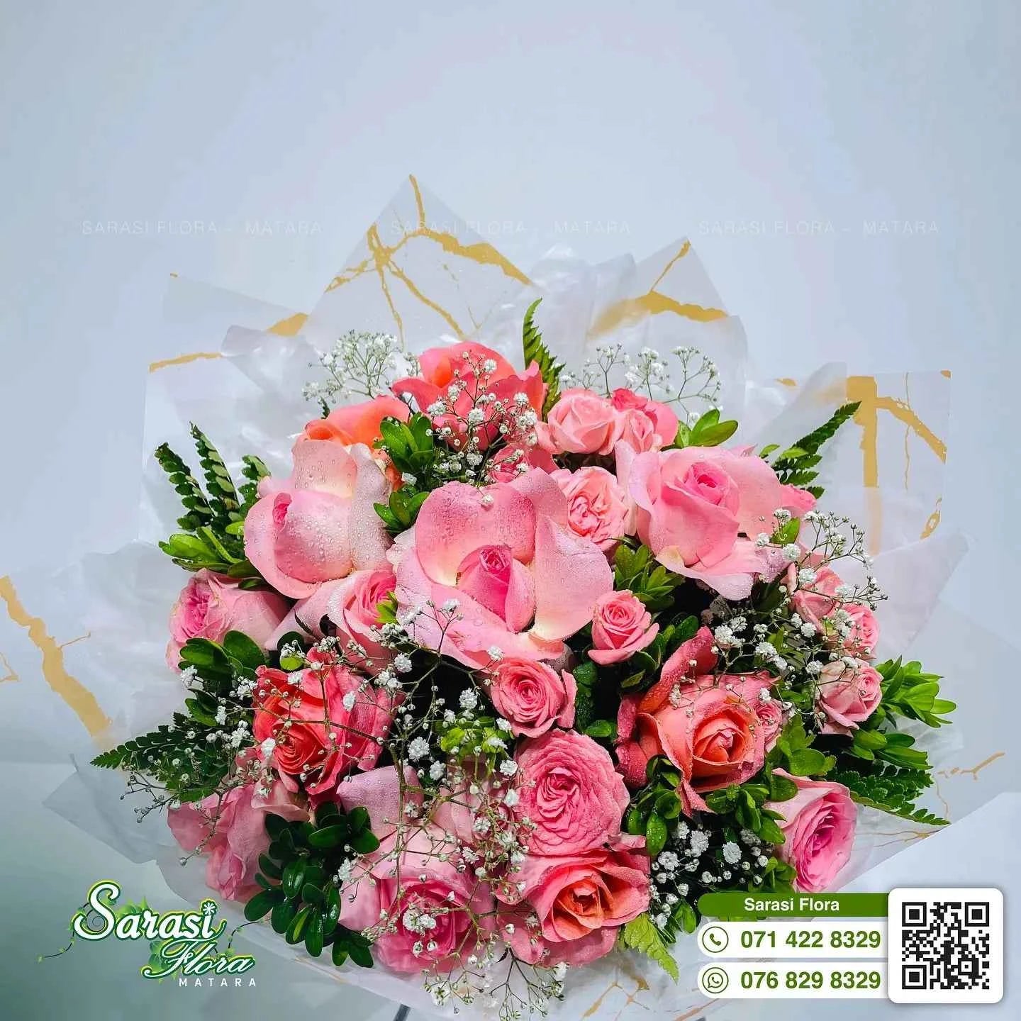 Romantic Soft Pink Rose Bouquet with Baby's Breath in White and Gold Wrapping - Matara