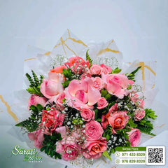 Romantic Soft Pink Rose Bouquet with Baby's Breath in White and Gold Wrapping - Matara