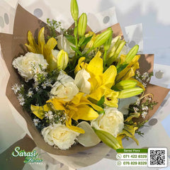 Bright Yellow Lily and White Rose Sunshine Bouquet