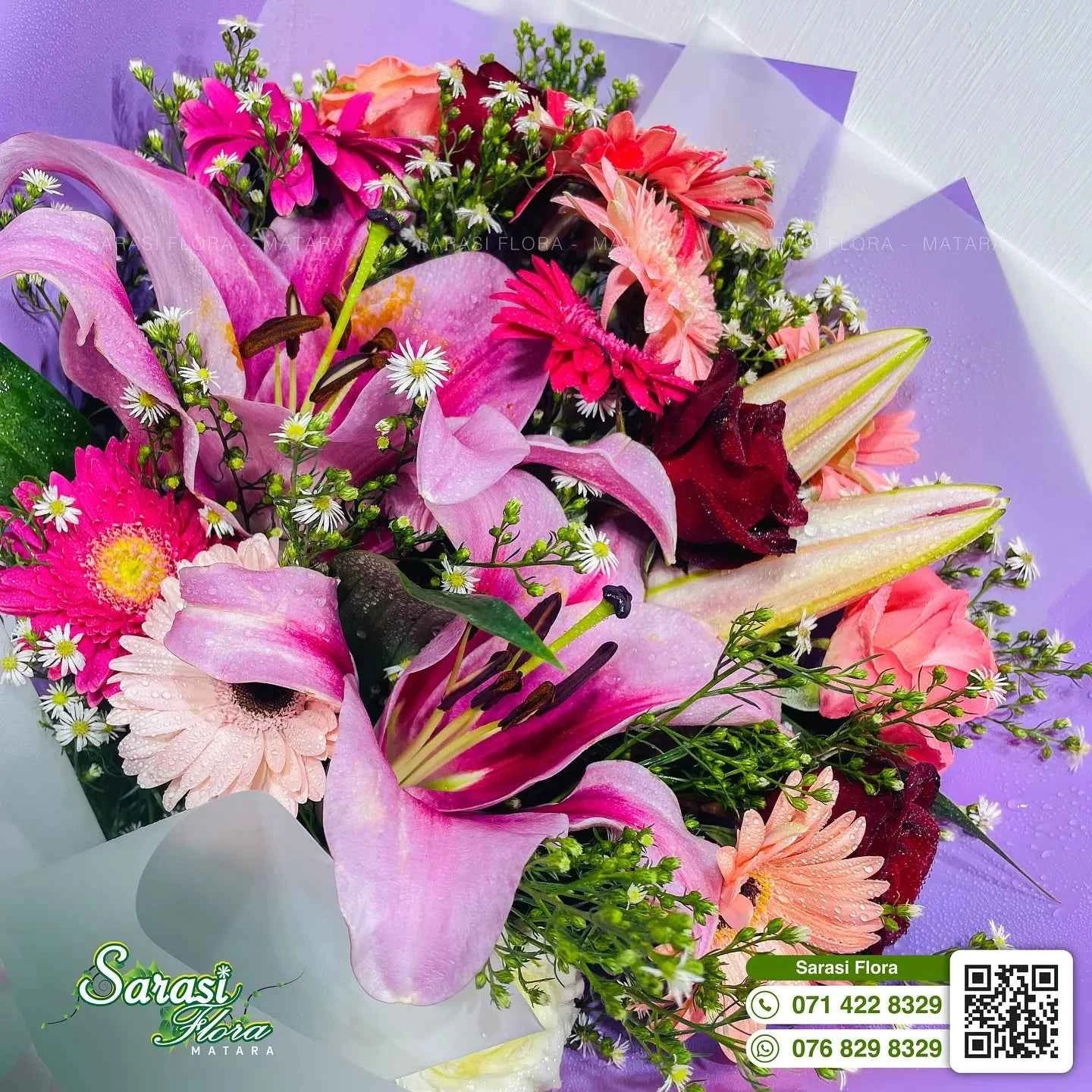 Vibrant Fuchsia Pink Lily and Rose Bouquet in Purple Wrapping