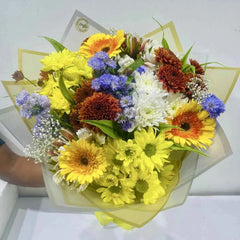 Cheerful Yellow and Blue Flower Mixed Bouquet