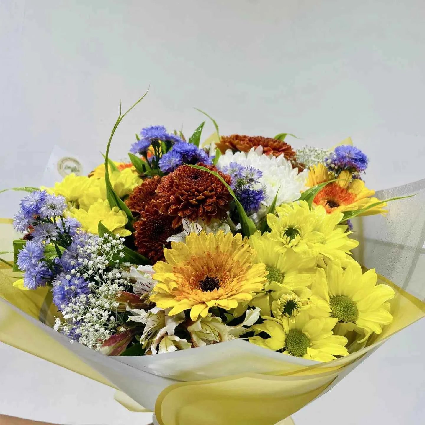 Cheerful Yellow and Blue Flower Mixed Bouquet