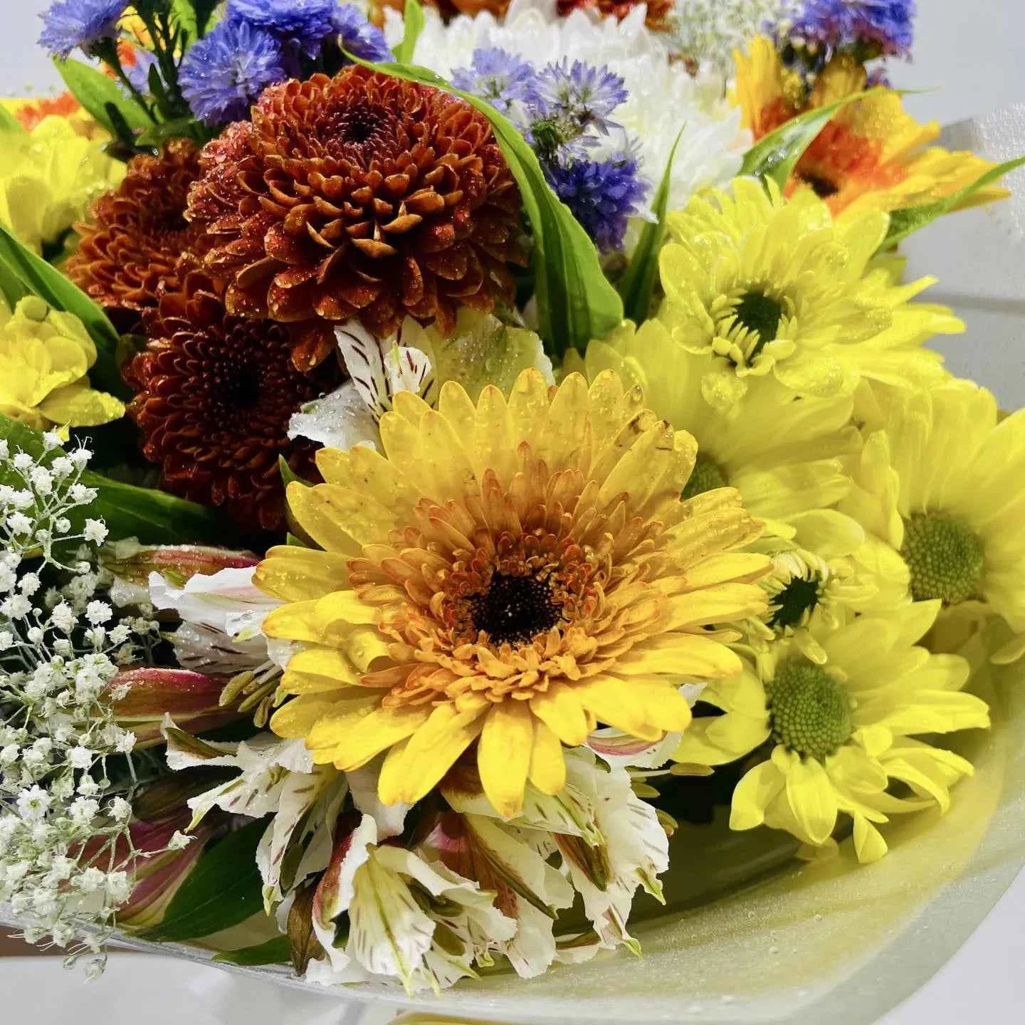 Cheerful Yellow and Blue Flower Mixed Bouquet