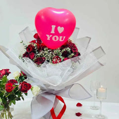 Romantic Red Rose Bouquet with I Love You Heart Balloon