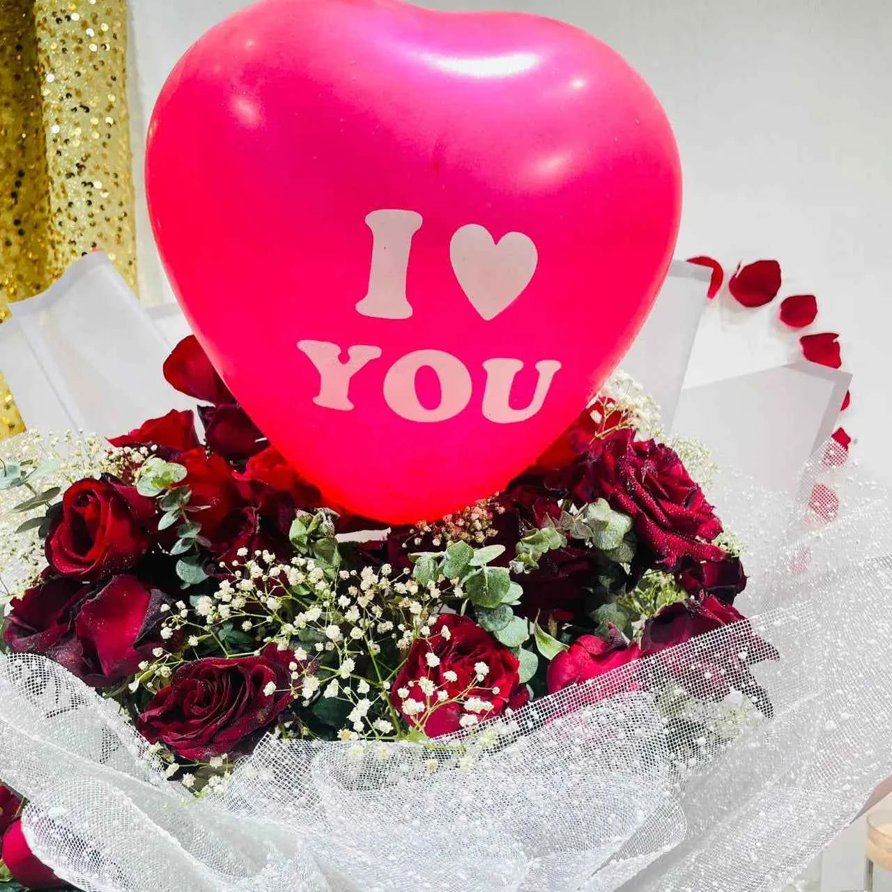 Romantic Red Rose Bouquet with I Love You Heart Balloon