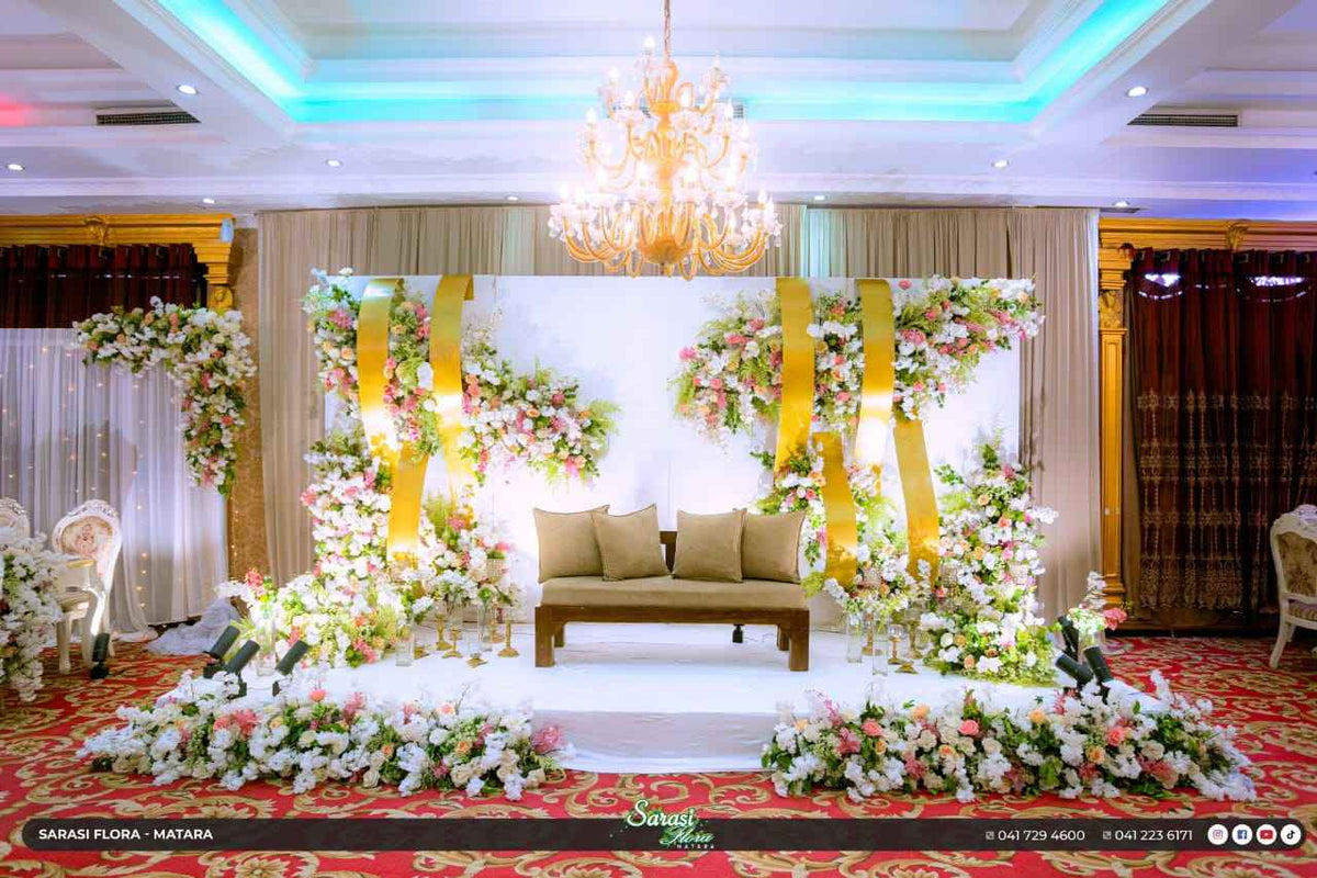 White Pink & Gold Settee Back Decoration - Romantic Wedding Backdrop Sri Lanka