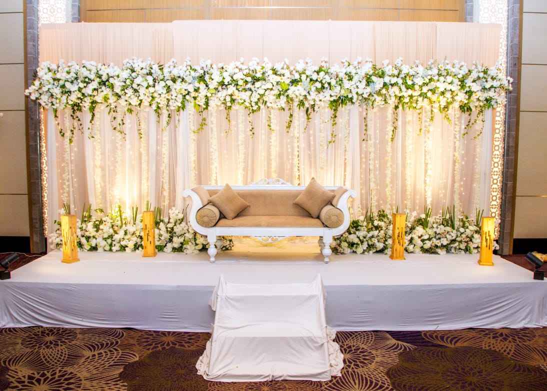 White Flowers & Green Foliage Settee Back - Elegant Wedding Backdrop Sri Lanka
